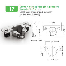 Dobradiça reta DANCO F66016P44, braço em aço niquelado, copo Ø.26 furação 38 mm, abertura 90º