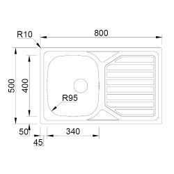 Lava louça RODI OKIO LINE 80, uma pia lateral com escorredor reversível, inox polido, encastrar, 800 x 500, MOD.450 mm