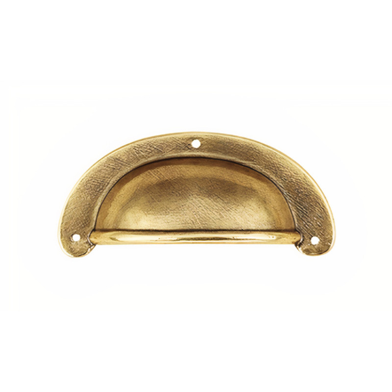 Puxador rústico, concha curva Nesu 73218, zamak ouro velho, 3 furos, C.93 x A.40 x P.21 mm
