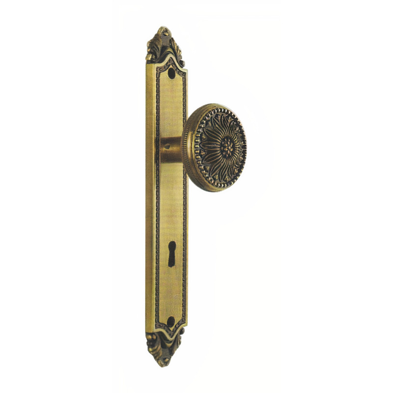Puxador rústico, espelho alto rectangular c/bola grande Sofima 470, zamak latonado, Ø.58 x P.61 x L.39 x A.244 mm