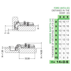 Dobradiça reta DANCO F66016P44, braço em aço niquelado, copo Ø.26 furação 38 mm, abertura 90º
