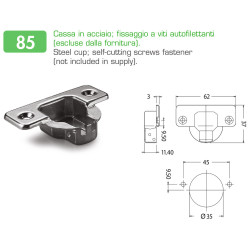 Dobradiça curva 17 DANCO F85085/94C44P, braço em aço niquelado, copo Ø.35 furação 45 mm com mola invertida, abertura 110º