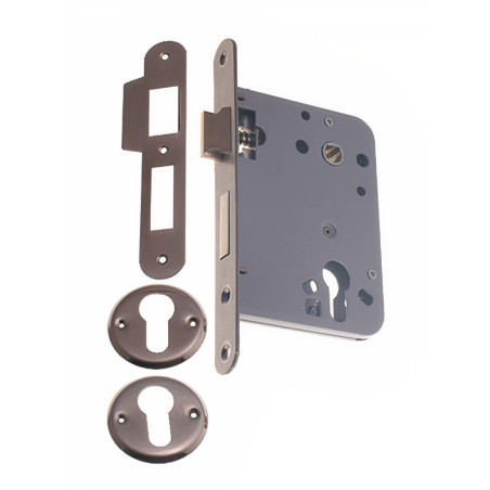 Fechadura de embutir sem canhão F659 725, ferro, testa cantos redondos inox, distância testa á broca 60, quadra 8 mm