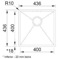 Lava louça RODI BOX LINE 40, uma pia sem escorredor, inox escovado, aplicação superior ou á face, 436 x 436, MOD.500 mm