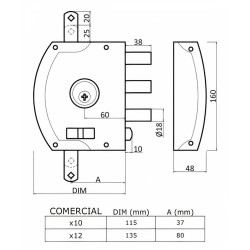 Fechadura de sobrepor alta segurança porta exterior rodes 2400x12, metais crom./caixa cast., esquerda, dist. testa á broca 60 mm