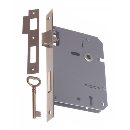 Fechadura de embutir F659 716, ferro, testa cantos rectos inox, distância testa á broca 60, quadras 8 mm (2 zarelhos)