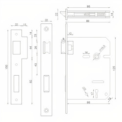 Fechadura de embutir F659 716, ferro, testa cantos redondos inox, distância testa á broca 60, quadras 8/6 mm (2 zarelhos)