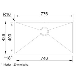 Lava louça RODI BOX LINE 74, uma pia sem escorredor, inox escovado, aplicação superior ou á face, 776 x 436, MOD.900 mm