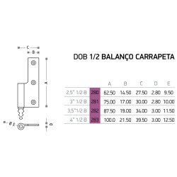 Dobradiça meio balanço com carrapeta Sofima 281 para porta, latão polido, 3", A.75 x L.30 x E.2,8 mm, esquerda