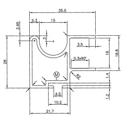 Perfil calha puxador P4037, alumínio bronze, para porta de roupeiro com 16 mm