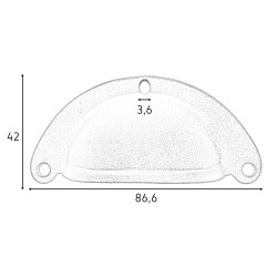 Puxador rústico, concha lisa, ferro oxidado preto, furos Ø.3,6, P.22 x A.42 x C.86,6 mm