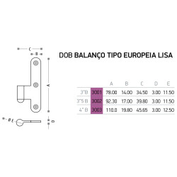 Dobradiça balanço tipo Europeia lisa Sofima 3001 para porta, latão niquelado mate, 3", A.78 x L.34,5 x E.3 mm, direita