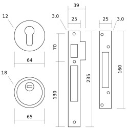Fechadura de embutir segurança 3 pontos fecho frontal UCEM 2560 p/portas blindadas, dourado, distância testa á broca de 60 mm