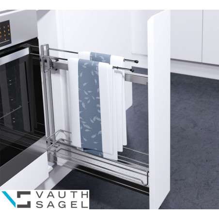 Cesto VAUTH-SAGEL VS SUB Slim K150 90º c/amortecedor, 1 prateleira + porta-panos crom., fix. lateral, P.495 x A.530, MOD.150 mm
