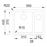 Lava louça RODI COMPOSITE DUO 60 NERO, duas pias sem escorredor, compósito, aplicação superior ou inf., 550 x 430, MOD.600 mm