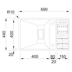 Lava louça RODI INVISIBLE 70, duas pias com escorredor, inox escovado, aplicação superior ou á face, 690 x 440, MOD.800 mm