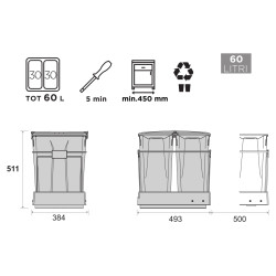 Balde lixo p/cozinha Gollinucci 551, extracção total, plástico cinza, 2 x 30 lts, A.511 x L.384 x P.493, MOD.MÍN.450 mm