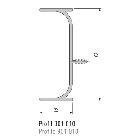 Puxador atual perfil, vertical C SCHUCO 901010, alumínio branco mate, P.22 x A.62 x C.5000 mm