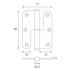 Dobradiça balanço cantos redondos P29B para porta, lacado preto, 3,5", 90 x 75 x 2,5 mm, esquerda
