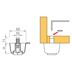 Pé nivelador c/afinação STRONG, plástico preto, corpo Ø.50, base Ø.25, perno Ø.10, A.27 mm