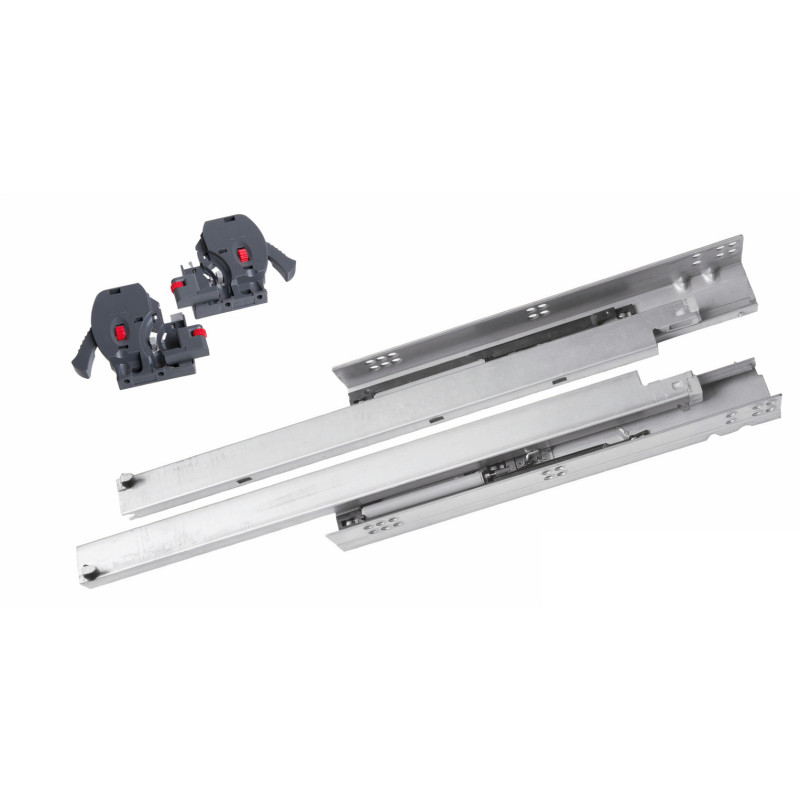 Corrediça oculta de gaveta c/amortecedor STRONG StrongRide 3D, extração total, c/suporte frontal, 30 kg, C.550 mm