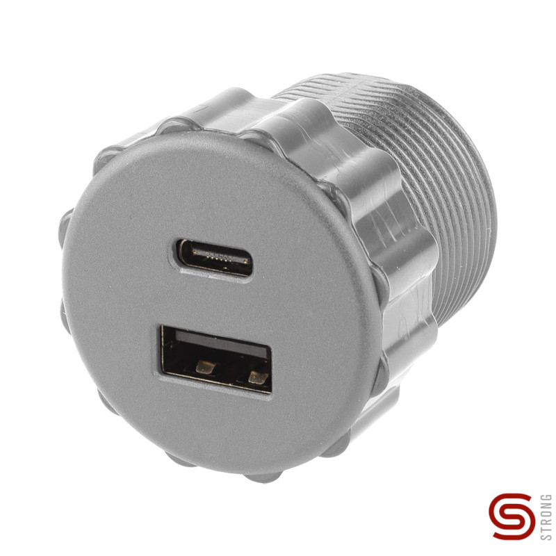 Carregador cilíndrico p/embutir STRONG StrongPower 481300, plástico prata, 1 USB A + 1 USB C, Ø.30/35 x A.35 mm