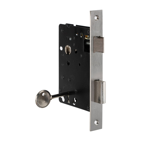 Fechadura de embutir JNF IN.20.936.LS, testa cantos rectos latão satinado, c/chave normal, dist. testa á broca 60, quadra 8 mm