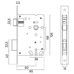 Fechadura de embutir JNF IN.20.936.LS, testa cantos rectos latão satinado, c/chave normal, dist. testa á broca 60, quadra 8 mm