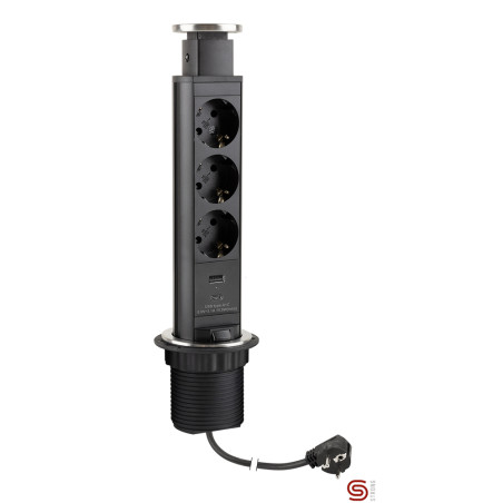 Tomada cilíndrica p/embutir STRONG StrongPower 503156, plást., 3 tomadas Schuko 230V + 2 USB A/C 5V p/carga, preto/tampa inox