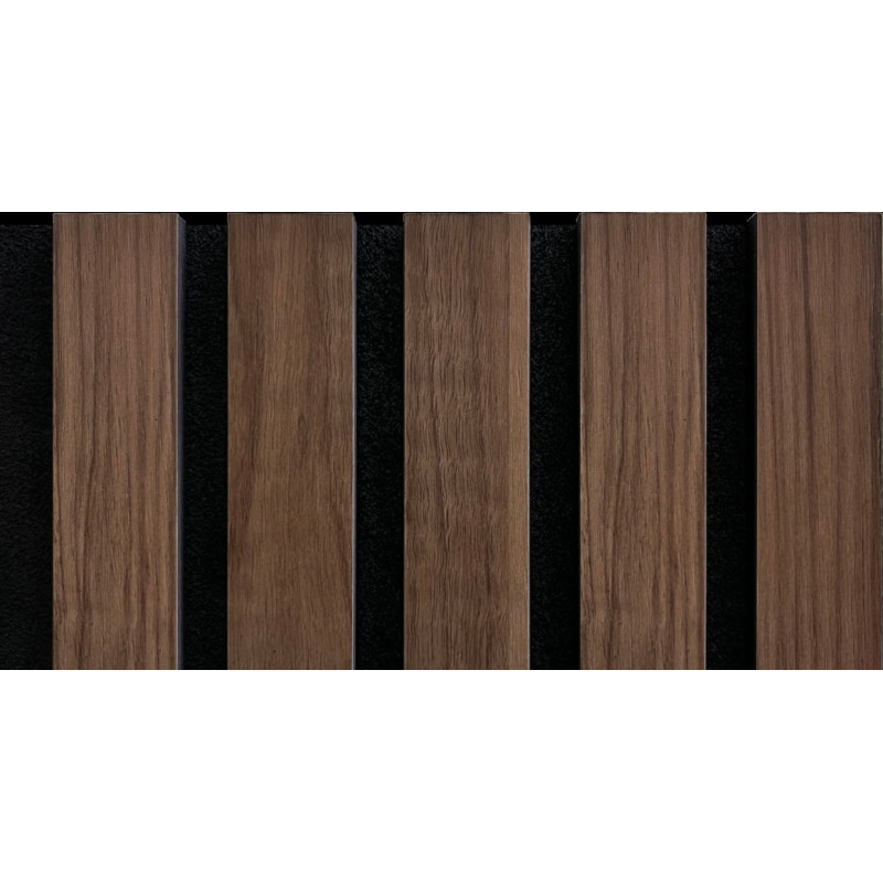 Perfil ripado p/interior RP08 acústico, PVC expandido maciço revestido c/tiras nogueira, 2800 x 200 x 12 mm (caixa c/3,92 m2)