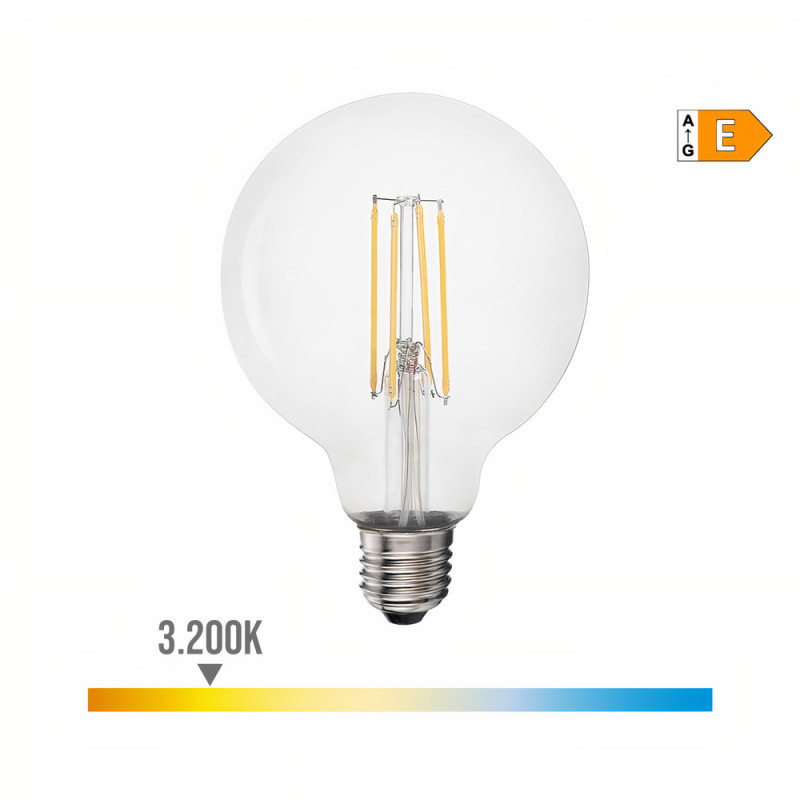 Lâmpada esférica/bola/balão filamento LED luz quente 98602, Ø.9,5 x 14 cm, E27, 300°, CE.E 220/240V 6W 800LM 3200K