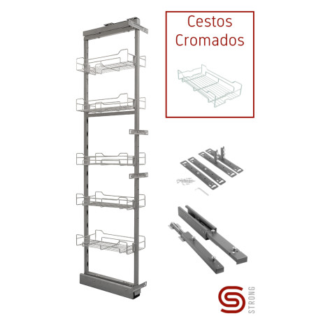Despenseiro até 70 kg STRONG K-StrongWire 398656 c/amortecedor, cinza/cestos cromados, A.1960-2250 x P.510 x L.150, MOD.200 mm