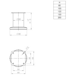 Pé para mobiliário/móveis com afinação STRONG StrongLegs FS001, metal inox, base 66 x 66, corpo Ø.50, pé Ø.80, A.80/87 mm