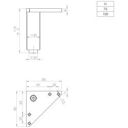 Pé para mobiliário/móveis com afinação STRONG StrongLegs FA002, alumínio, base 80 x 80, corpo 30 x 30, pé Ø.20, A.150/165 mm