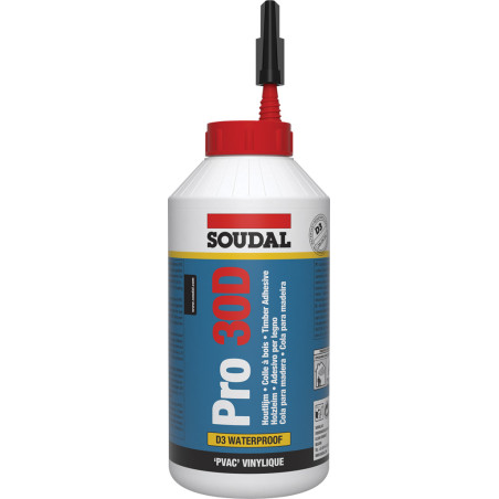 Cola branca p/madeira SOUDAL PRO 30D, 108769, rápida, base de PVA, resistência à água classe D3, 750 gr