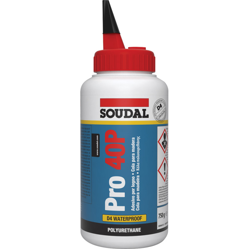 Cola PU p/madeira SOUDAL PRO 40P, 125726, base de poliuretano, resistência à água classe D4, 750 gr