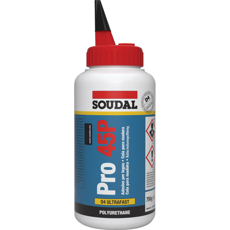 Cola PU p/madeira SOUDAL PRO 45P, 125724, rápida, base de poliuretano, resistência à água classe D4, 750 gr