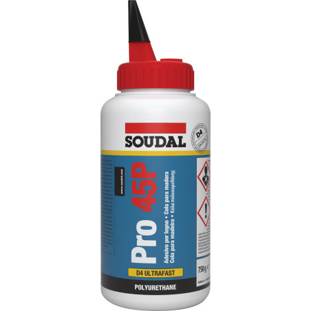 Cola PU p/madeira SOUDAL PRO 45P, 125724, rápida, base de poliuretano, resistência à água classe D4, 750 gr