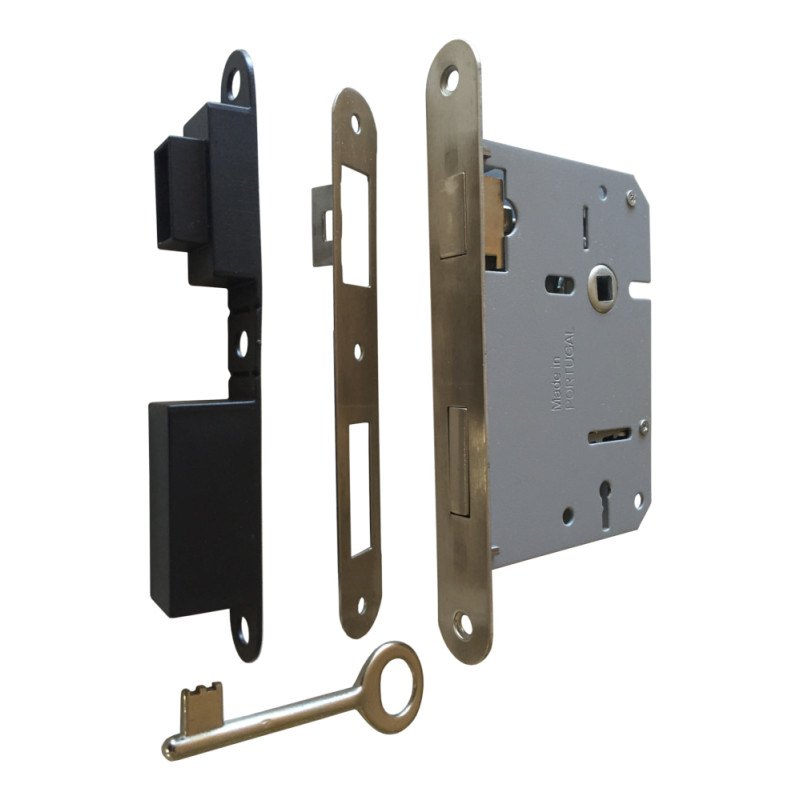 Fechadura de embutir magnética 716, testa cantos redondos preto, distância testa á broca de 60, quadra 8 mm