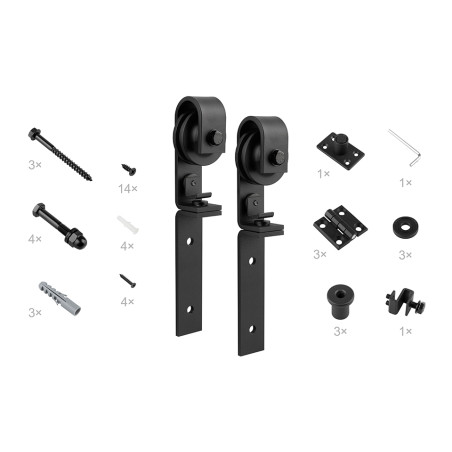 Kit p/porta de correr suspensa articulada STRONG StrongLine Barnio Fold, ferro preto mate, suporta 40 kg/porta, p/2 portas