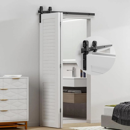 Kit completo p/porta de correr suspensa articulada STRONG K-StrongLine Barnio Fold, ferro preto mate, sup. 40 kg/po., p/2 portas