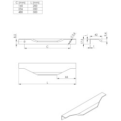 Puxador atual perfil, asa TULIP Lori 480/500, alumínio imitação inox, 2 furos distância 480, P.42 x A.9,4 x C.500 mm