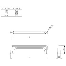 Puxador atual, asa ponte TULIP Cub, zamak preto mate, 2 furos distância 192, E.11 x A.30 x C.202 mm