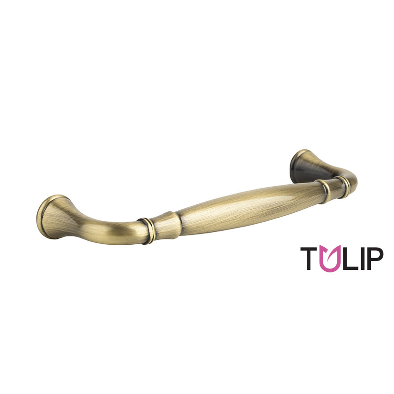Puxador rústico, asa torneada TULIP Turia, zamak ouro velho, 2 furos distância 128, E.16 x A.40 x C.144 mm
