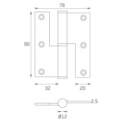 Dobradiça balanço cantos retos P10B para porta, lacado preto, 3,5", 90 x 76 x 2,5 mm, esquerda
