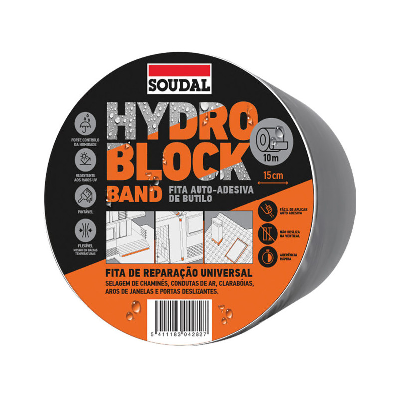 Fita de borracha butílica SOUDAL Hydro Block Band, 111085, autoadesiva selante, resistente a UV e água, rolo 10 mt, 15 cm
