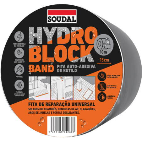 Fita de borracha butílica SOUDAL Hydro Block Band, 111085, autoadesiva selante, resistente a UV e água, rolo 10 mt, 15 cm