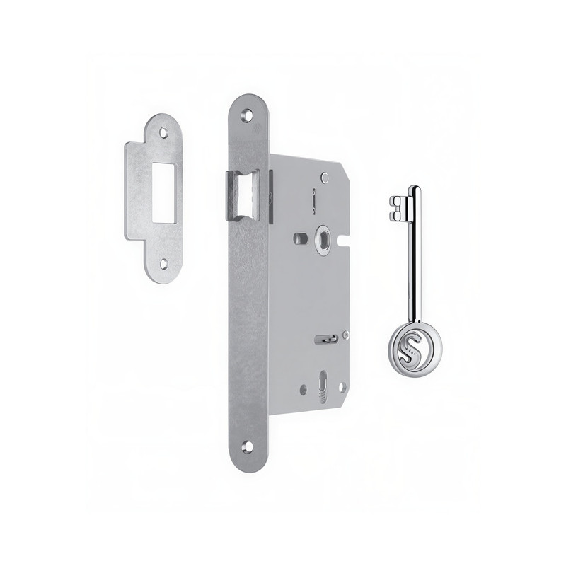 Fechadura de embutir trinco Sofima 916, ferro, testa cantos redondos inox escovado, distância testa á broca 60, quadra 8 mm