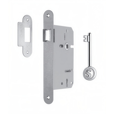 Fechadura de embutir trinco Sofima 916, ferro, testa cantos redondos inox escovado, distância testa á broca 60, quadra 8 mm