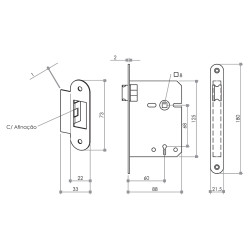 Fechadura de embutir trinco Sofima 916, ferro, testa cantos redondos inox escovado, distância testa á broca 60, quadra 8 mm